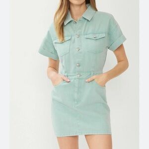 entro Mint Green Short-Sleeve Denim Mini Dress